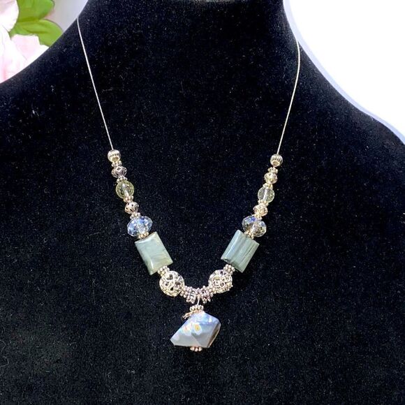 Natural Stone Agate And Glass Bead Sterling Silver Necklace - Picture 1 of 6